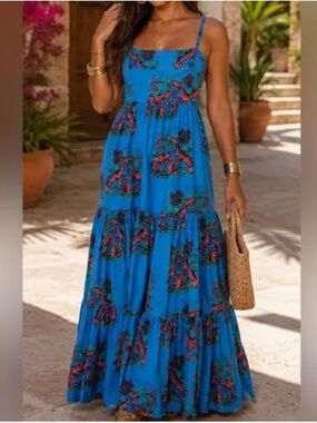 J. Crew Bright Blue Lobster 🦞 Floral Tiered Maxi Dress 💯 Cotton
